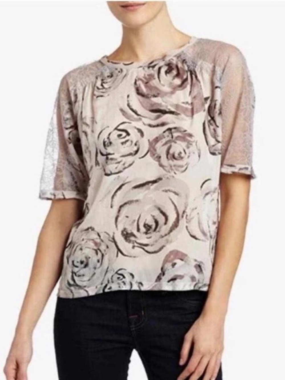 BCBGMAXAZRIA Lourie Light Pearl Gray Combo Floral Short Slv Lace Shoulder Top M